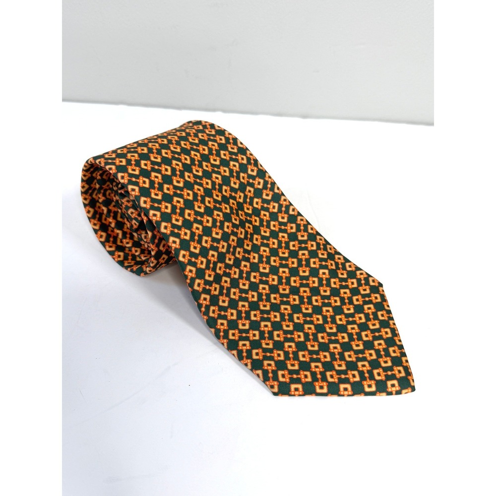 Vintage GUCCI Silk Tie Green Orange Horsebit Equestrian Italy 70s 80s Authentic